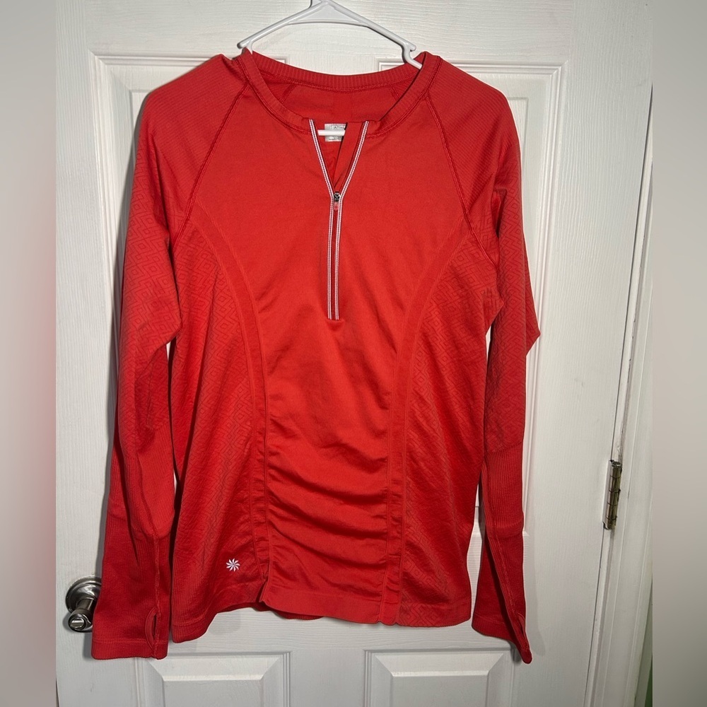 Athleta Tracker 1/4-1/2 zip long-sleeve orange thumbholes ruched details X-Large